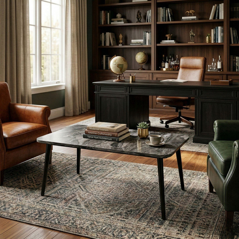 Modern Marble Style Rectangular Coffee Table with Solid Hornbeam Wood Legs
