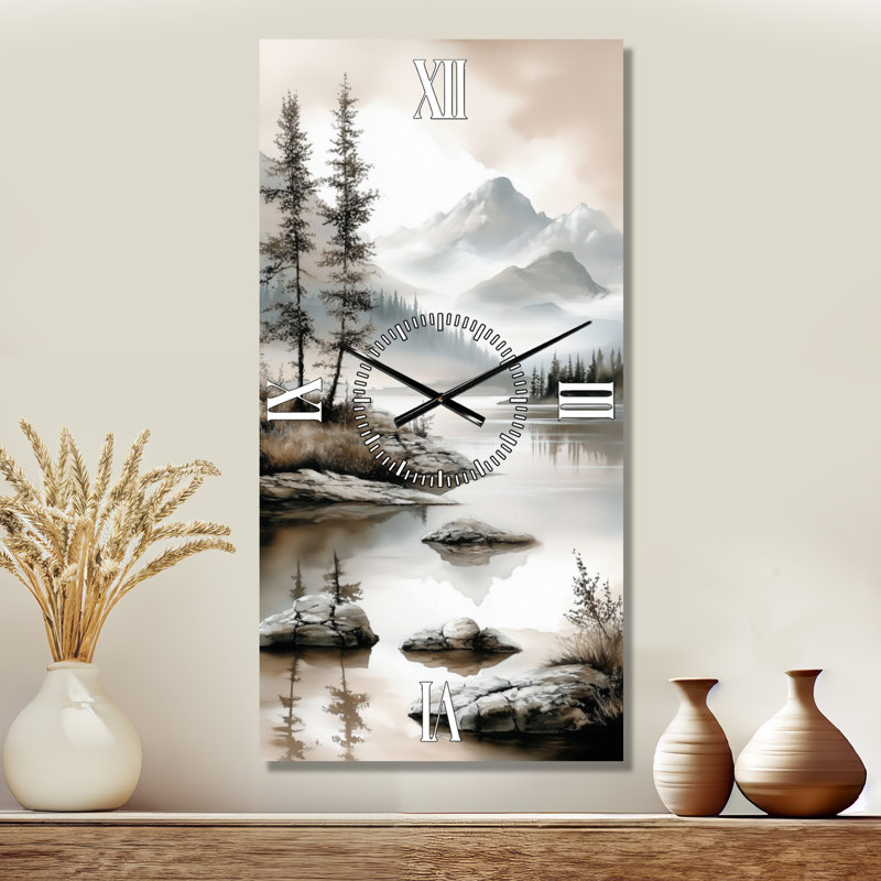 Reflets des sommets montagneux d'été calme II - Horloge murale rustique en métal silencieux, H 32 po x l 16 po - Rectangle