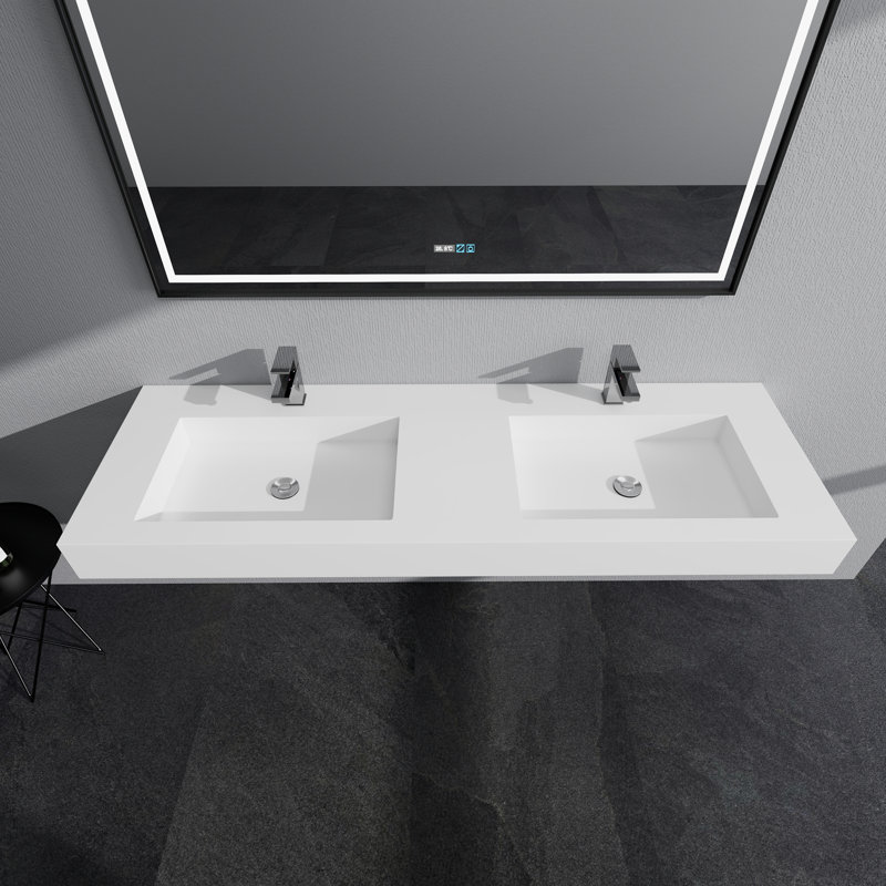 59'' Rectangular Stone Resin Double Bathroom Sink With Faucet Holes, White