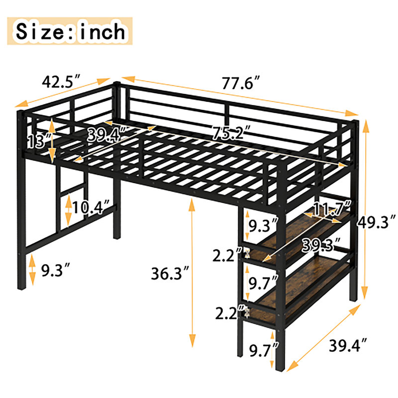 Lit mezzanine simple en métal avec tablette de rangement