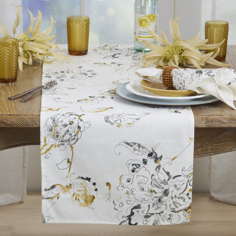 Modern Floral Linen Blend Table Runner - Contemporary Everyday Table Runner with Abstract Botanical Print for Dining Tables, Kitchen Table Décor, and Casual Entertaining