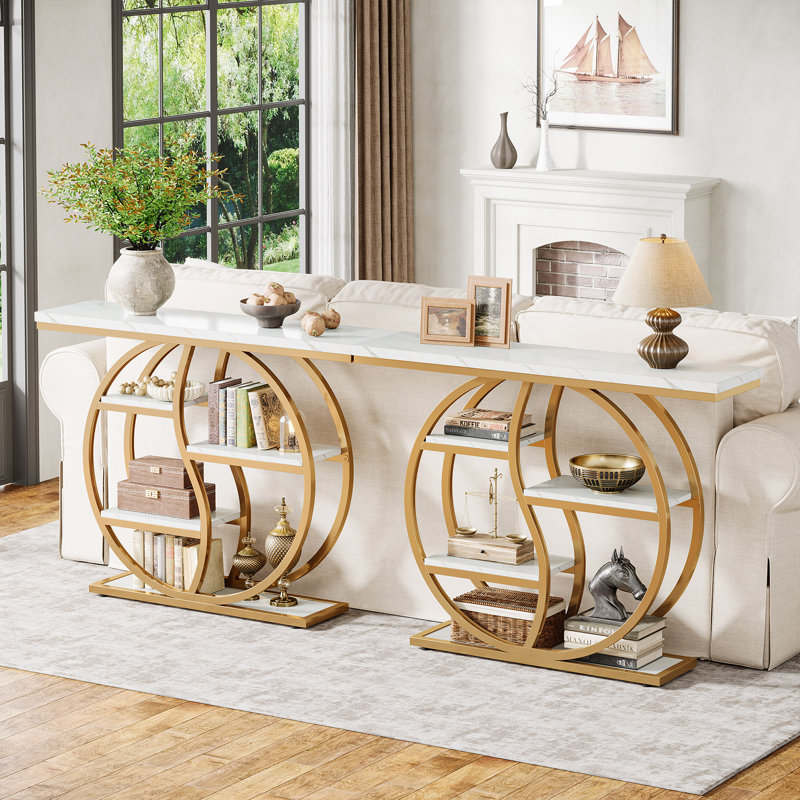 Table d'entrée 47,24 ", console industrielle à 5 niveaux avec plusieurs tablettes de rangement, Blanc / Doré