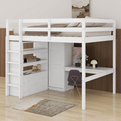 Loft Bed With Built-In Wardrobe, Desk, Storage Shelves And Drawers, Solid Wood Loft Bed Frame