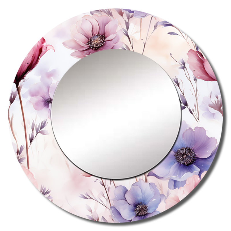 Rose et mauve Wildflower Paradise - miroir unique floral, grand miroir mural rond, impression sur métal, 29 po x 29 po