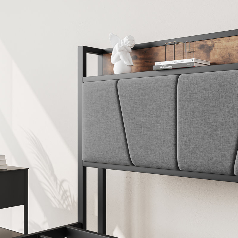Size Bed Frame, Storage Headboard With Charging Station, Solid And Stable, Noise Free, No Box Spring Needed, Easy Assembly