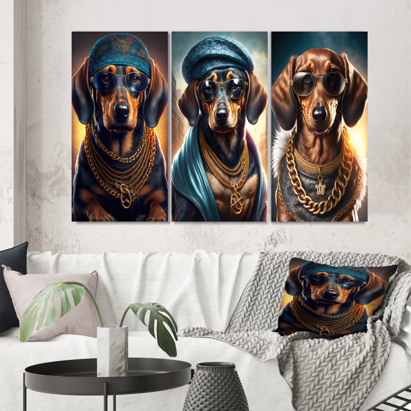 «Dachshund Gangster In NYC», 3 pièces sur toile, H 40 po x l 60 po, Toile tendue
