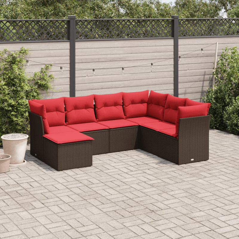 Ensemble de canapé de patio 8 pièces avec coussins en rotin de polyester gris, Coussin rouge / cadre brun