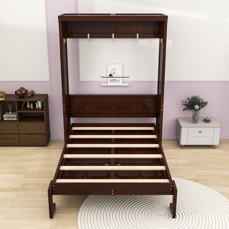 Lit escamotable en bois avec lattes robustes, conception pliable peu encombrante, Lit simple, Espresso