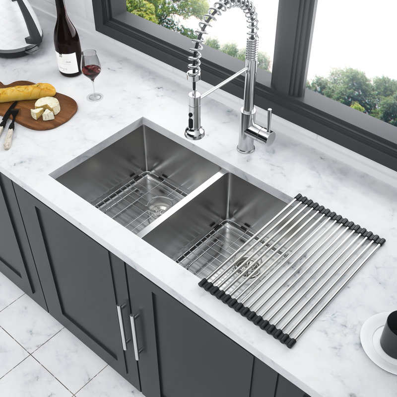 Double Bowl Kitchen Sink 28"X19" Undermount, Stainless Steel 16 Gauge, 10" Deep Basin, Soundproof & Condensation Exceptional Undermount Sink, With Pad Layer