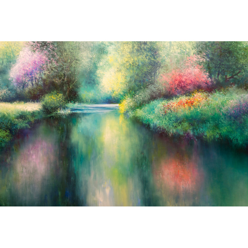 Spring Meadow with Coloful Nature River and Trees - Wrapped Canvas Painting, 30cm H x 46cm W x 3.8cm D
