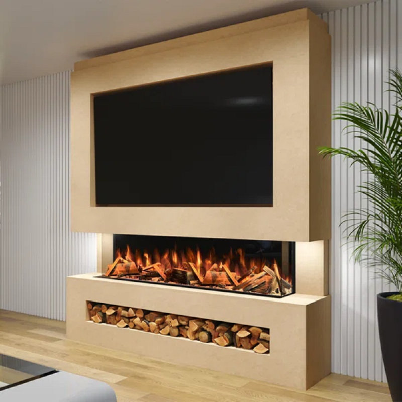 Pre-Built Media Wall 3-Sided Electric Fireplace with LED Flame Effect