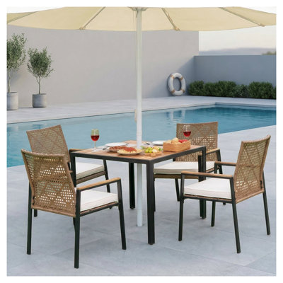 Dearden 5-Piece Modern Coastal Dining Set with Rattan and Acacia Wood
