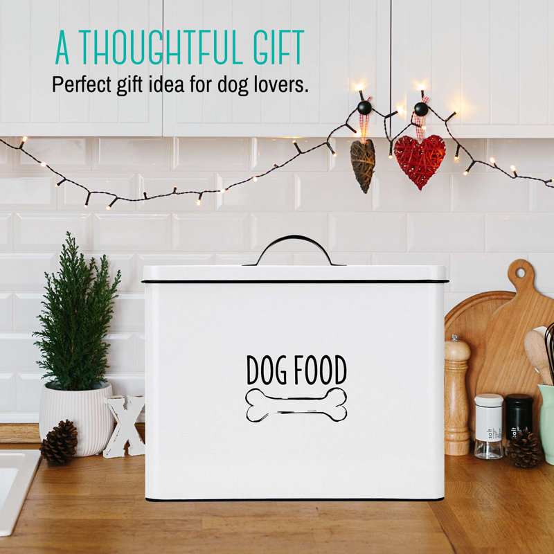 White Metal Farmhouse Dog Food Storage Bin with Airtight Lid