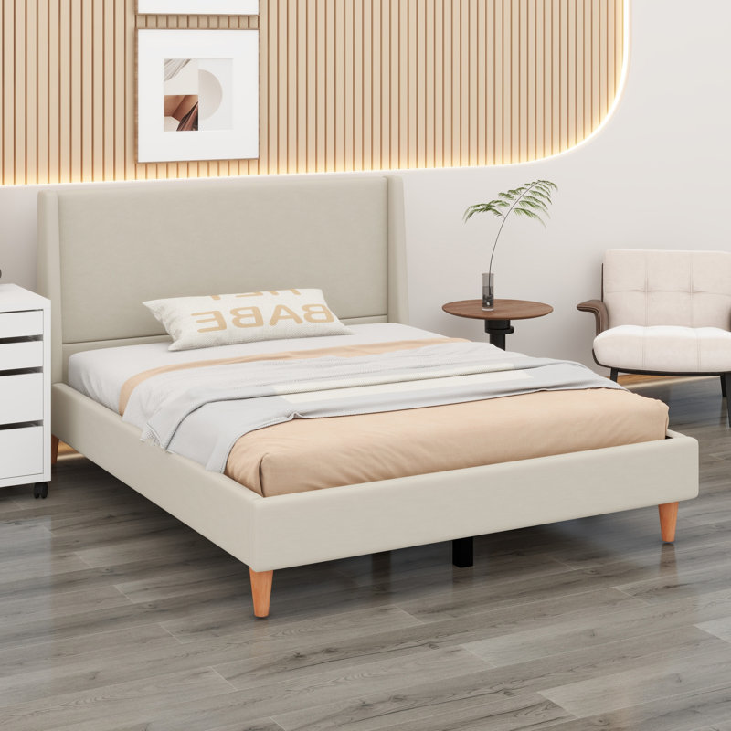Lit plateforme tapissier avec tête de lit à oreilles et pieds en bois, Grand, Beige