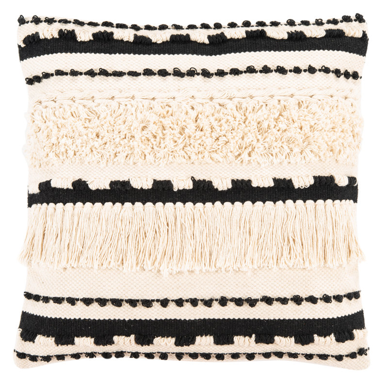 Vanka 20" Beige and Black Cotton Fringed Throw Pillow
