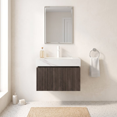 Meuble-lavabo mural 24 po en contreplaqué espresso avec fermeture en douceur, 2 portes, lavabo en céramique de Carrare blanc, sans robinet, un trou, pré-assemblé