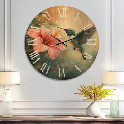 Extra Large Wildlife Round Wood Wall Clock – Hummingbird and Hibiscus