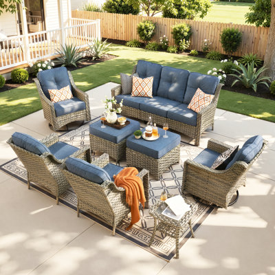 Tommy Outdoor Wicker 9 Person Seating Group With Cushions With Swivel Rocking Chairs And Side Table