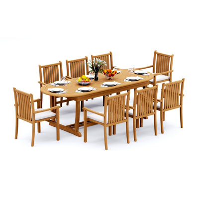 Ensemble de salle à manger 7 pièces en bois de teck de qualité A: table de chevet ovale à tréteaux de 94 po et 6 chaises empilables Angarano # 11CH2306