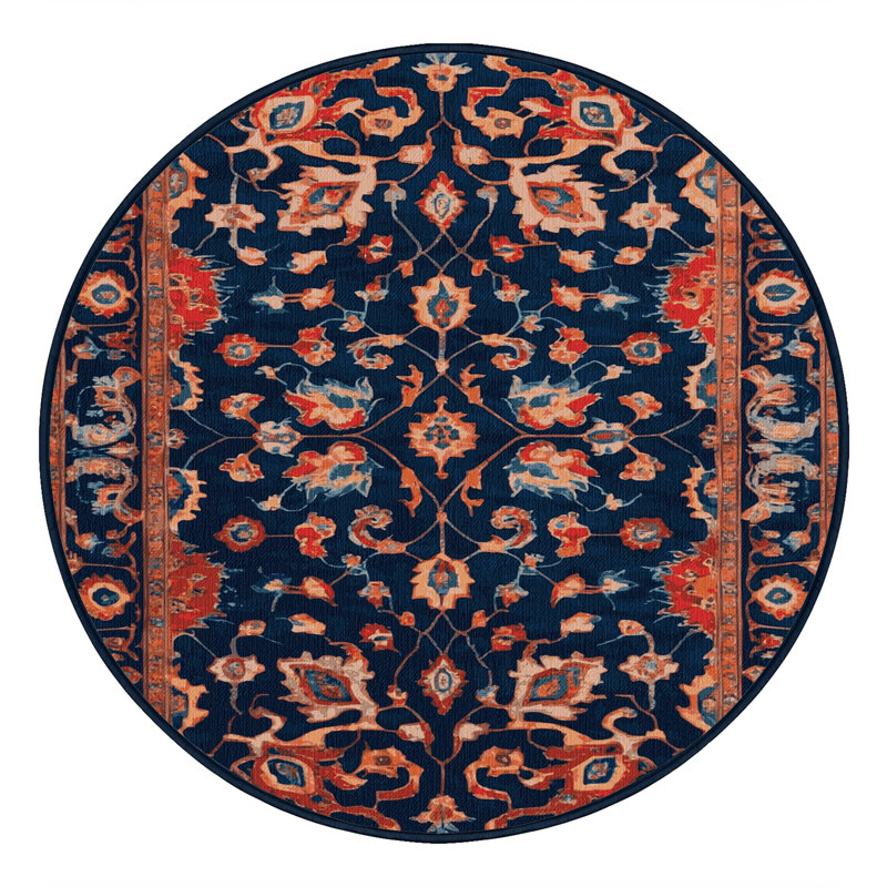 Tapis bleu Tabriz lavable à la machine, Rond 6 pi
