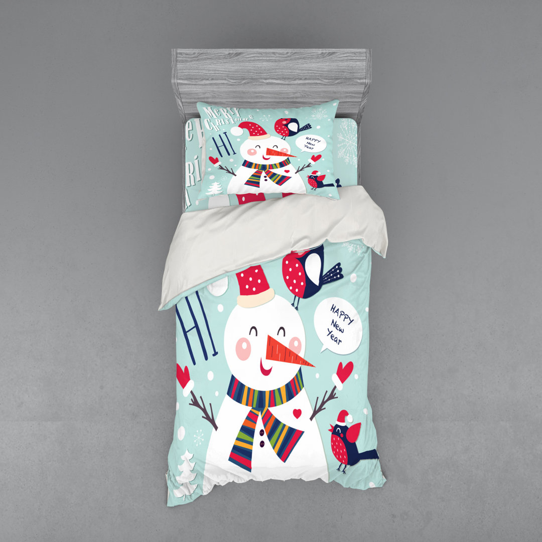 Cheerful Merry X-Mas Illustration with A Bird and Snowman Fun Winter Celebration Duvet Cover Set Ambesonne 