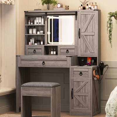 Meuble-lavabo élégant avec miroir à DEL, bois, rangement et station de charge pour chambre à coucher