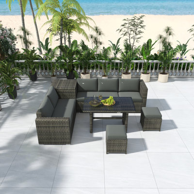6-Piece All-Weather PE Rattan Patio Sofa Set, Outdoor Sectional Furniture With Adjustable Seat, Storage Box, Removable Cushion Covers & Tempered Glass Table，Grey