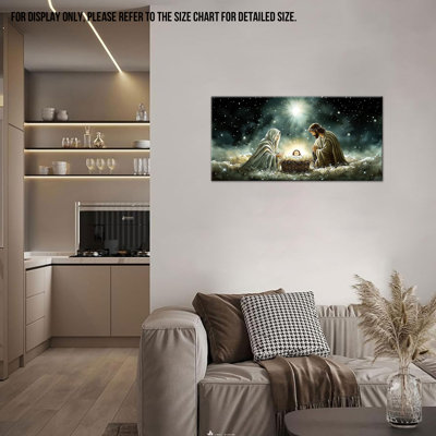 Nativity Scene Canvas Wall Art, Mary Joseph & Baby Jesus Birth Canvas Print, Framed Spiritual Picture Painting, Religious Poster Artwork for Living Room, Bedroom, Church Decor, Ready to Hang, 12×24 Inches