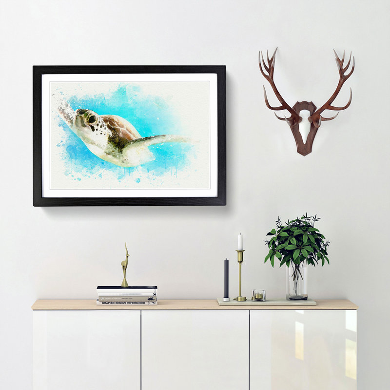 Green Turtle in Abstract - Framed Print, 48cm H x 65cm W x 2cm D, Black Framed