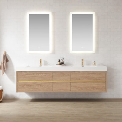 Meuble-lavabo à double cuve en chêne nord-américain avec comptoir en composite et miroir Vali