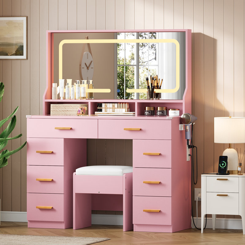 Vanity Desk with Mirror, Makeup Table with Glass Top & 8 Drawers, Pink