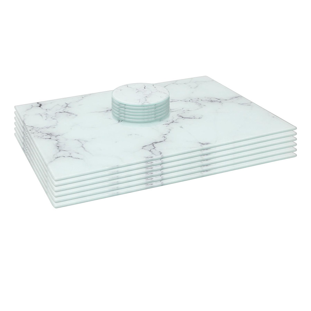 Harbour Housewares Unisex White 12Pc Glass Placemats & Round Coasters Set - 40 X 30Cm Marble Effect In | Size: 40 X 30 Cm - Image 3