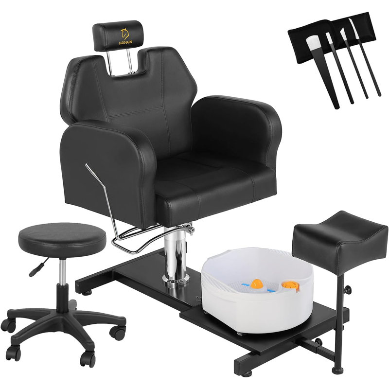 Reclining Pedicure Chair With Stool, Footrest & Massage Foot Basin, Gray
