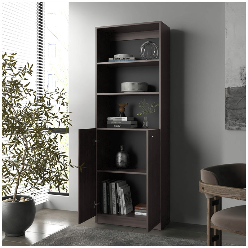FM FURNITURE Beyerville Bookcase With Open Storage And 2 Doors, Stained Walnut, Dark Walnut