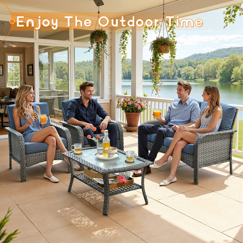 4 Piece Rattan Sofa Seating Group with Cushions, Gray/Denim Blue