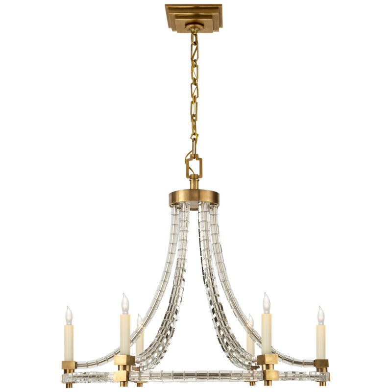6 - Light Glass Chandelier, Antique-Burnished Brass