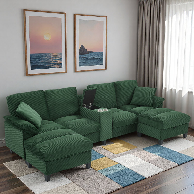 Canapé modulaire moderne en forme de U avec porte-gobelets, ports USB et repose-pieds avec rangement, Velours côtelé brun