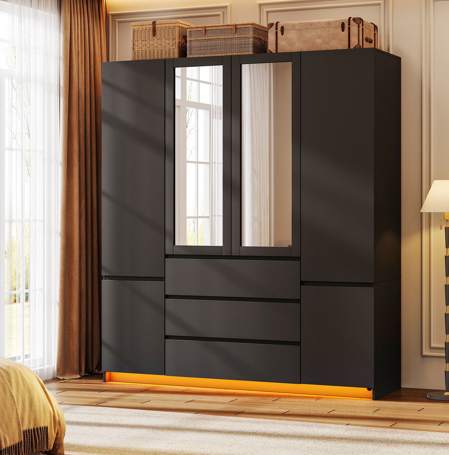 Latitude Run® 6-Door Armoire Wardrobe With Mirrors & LED Lights, Modern