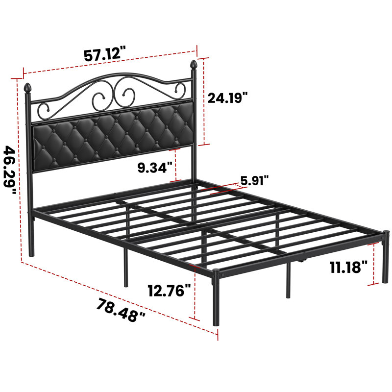Vintage Metal Platform Bed With Premium Leather Headboard, Full / Double