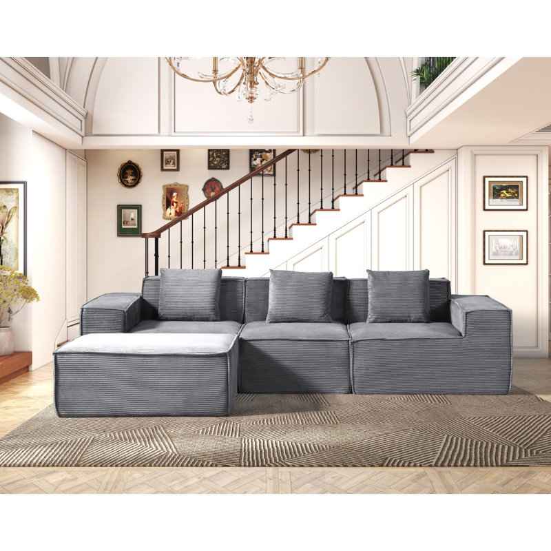 86'' L Shaped Couch With Armrest Organizer,3 Seats Sofas With Movable Ottoman,Comfy Sectional Sofa With Thick Cushion,Linen Sectional Couches For Living Room,Bedroom,Apartment,Dark Gray