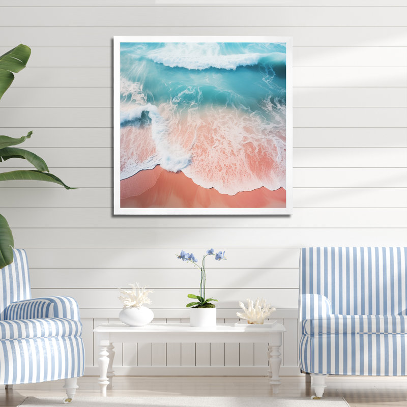 Vue aérienne de la plage bleue et rose II - Reproductions encadrées de plage côtière, Cadre simple blanc