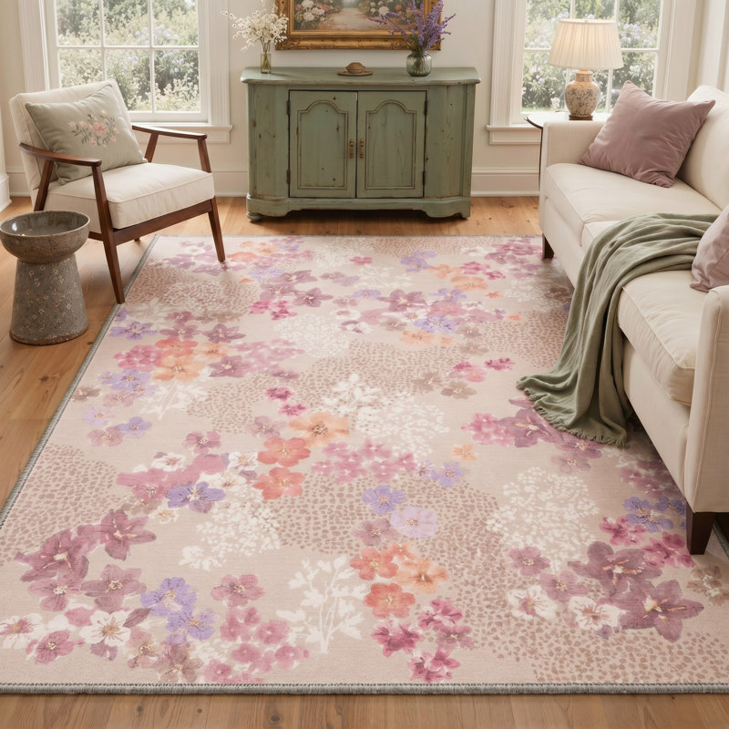 Tapis rose / ivoire lavable à la machine avec envers antidérapant, Rond 60 po x 60 po