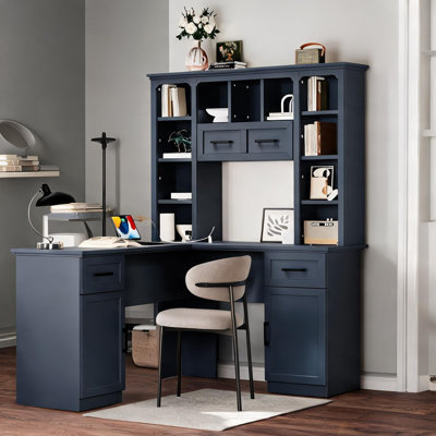 L-shaped executive desk in blue finish with built-in outlet, 2 cabinets, and 11 open shelves