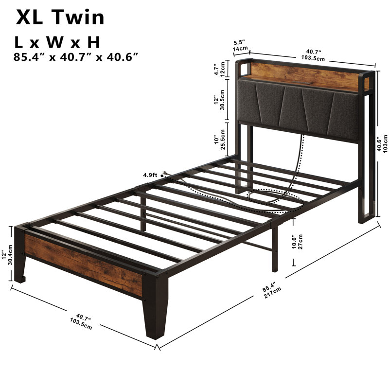 Twin XL Bed Frame with Storage Headboard and Charging Station, Solid Metal Platform, Noise-Free, No Box Spring Needed, Easy Assembly
