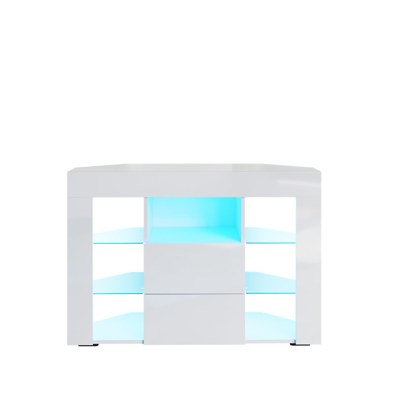 Aladar 100Lx40Wx68H High Gloss Particleboard Corner TV Stand & TV Cabinet, 2 Drawers 7 Storage, Fits 50" TV, White