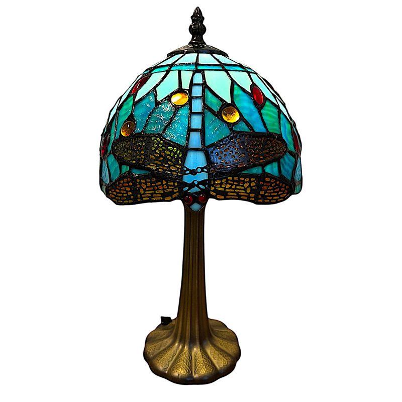 Classic Tiffany Style Table Lamp, 20cm Stained Glass Dragonfly Shade, 37cm Height, (Aqua Blue)