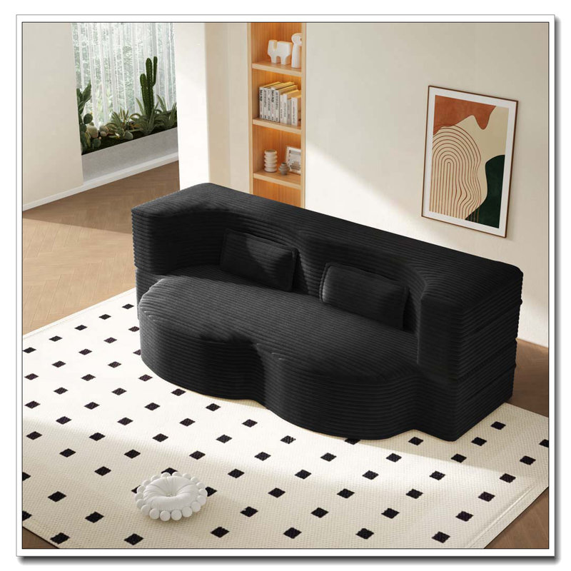 Canapé moderne avec 2 coussins, Velours côtelé, Noir