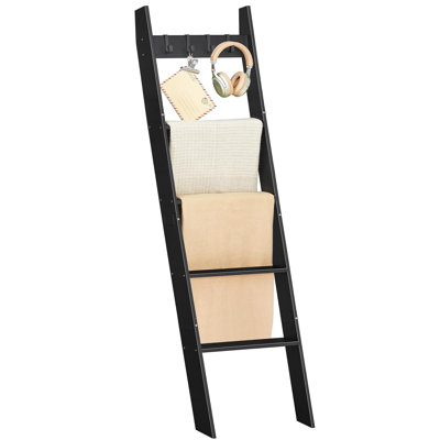 Échelle à couvertures, porte-couvertures mural 5 pi, étagère à échelle campagnarde à 5 niveaux, porte-serviettes, support à courtepointe décoratif, crochets amovibles, salon, chambre à coucher, salle de bain