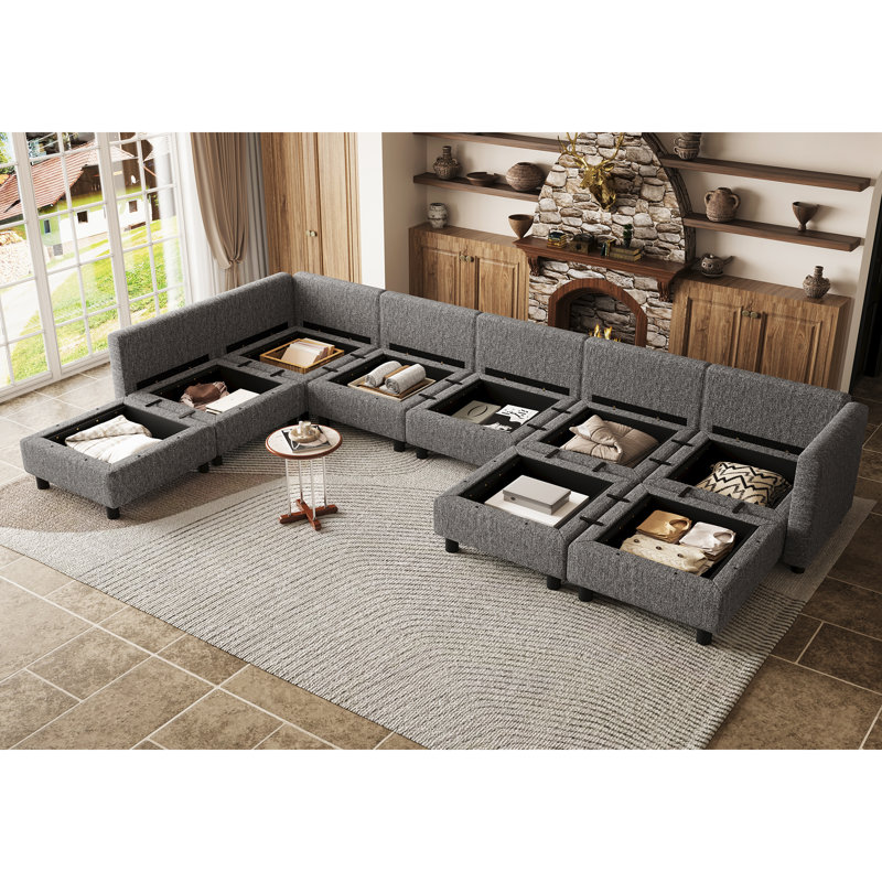 Oversized U-Shaped Sectional Couch, Full Seats Hidden Storage For Family Room, Gray Polyester Blend