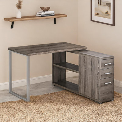 Bureau d'ordinateur en L avec tiroirs de rangement et tablette réglable, stratifié beige neutre et métal gris, 47,25 po x 47,25 po